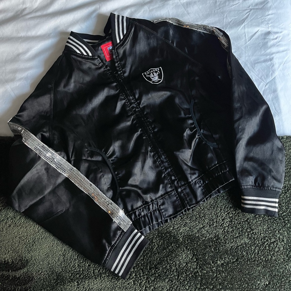NFL Raiders Black Satin Jacket with White Stripes and Silver Sequins